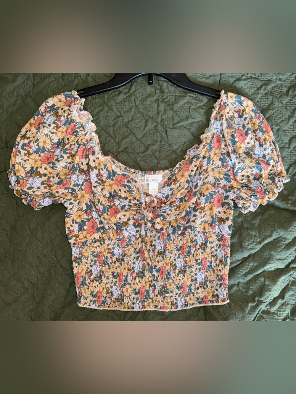 100% cotton Floral Puff-Sleeve Crop Top - Yellow/Multi Medium West of Melrose